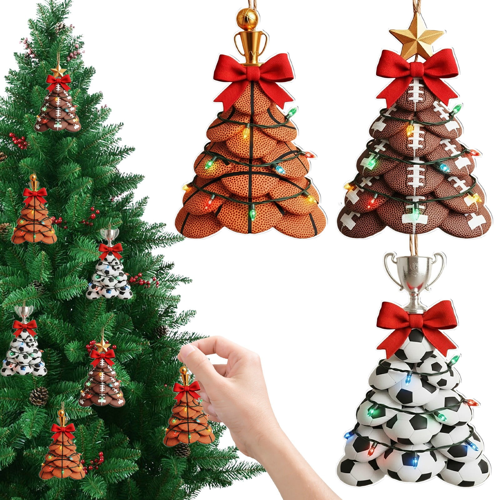 CPHDW7 Sports Christmas Ornaments, Acrylic Sports Ball Decorations with Red Bows, Festive Tree Hanging Pendants for Team Fans Coaches Holiday Party Supplies