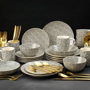 Thyme & Table 60-Piece Dot Dinnerware & Gold Flatware Set, Service for 6