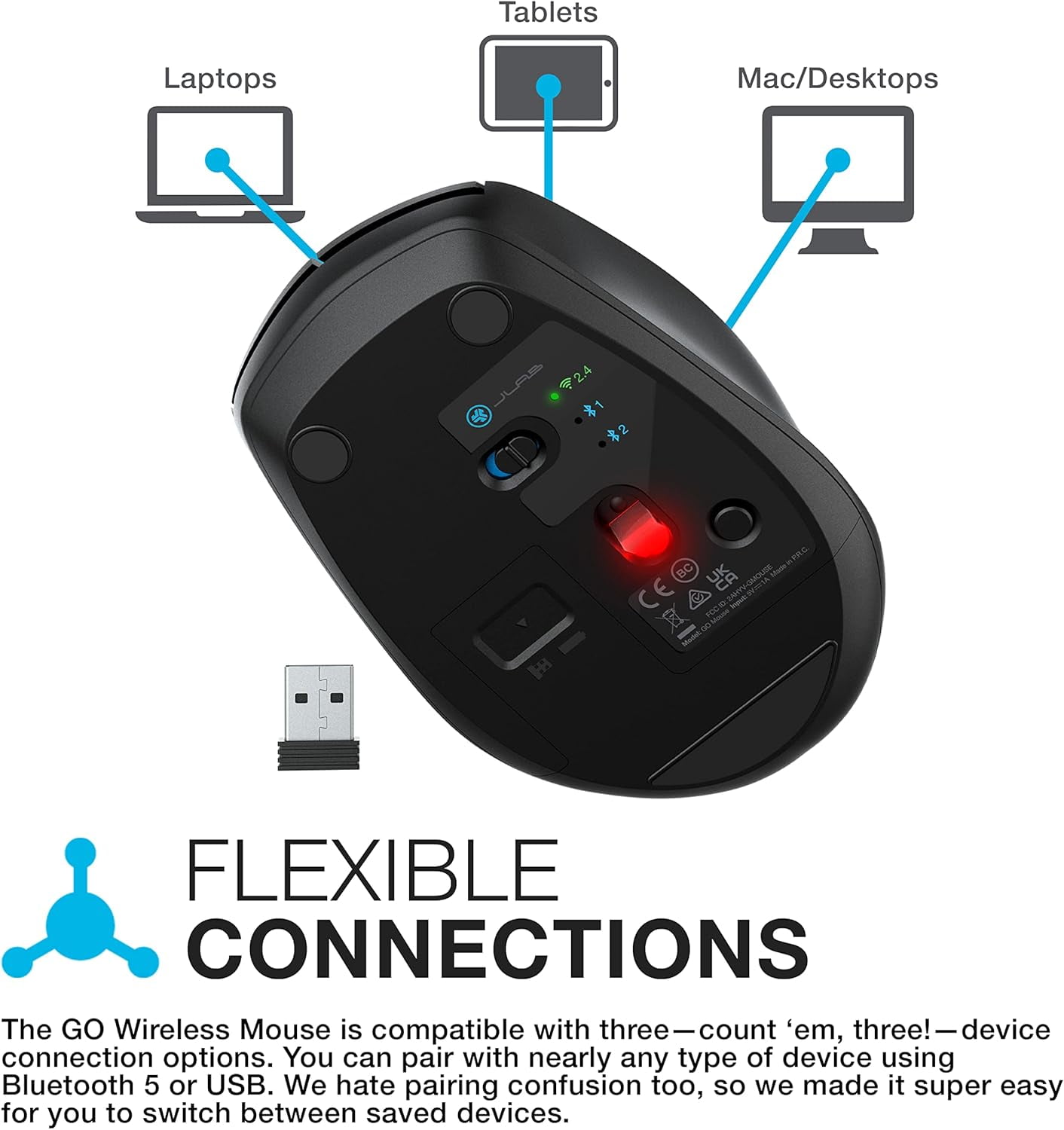 JLab GO Wireless Keyboard and Mouse Bundle, Bluetooth or USB, For Mac, PC, Tablet