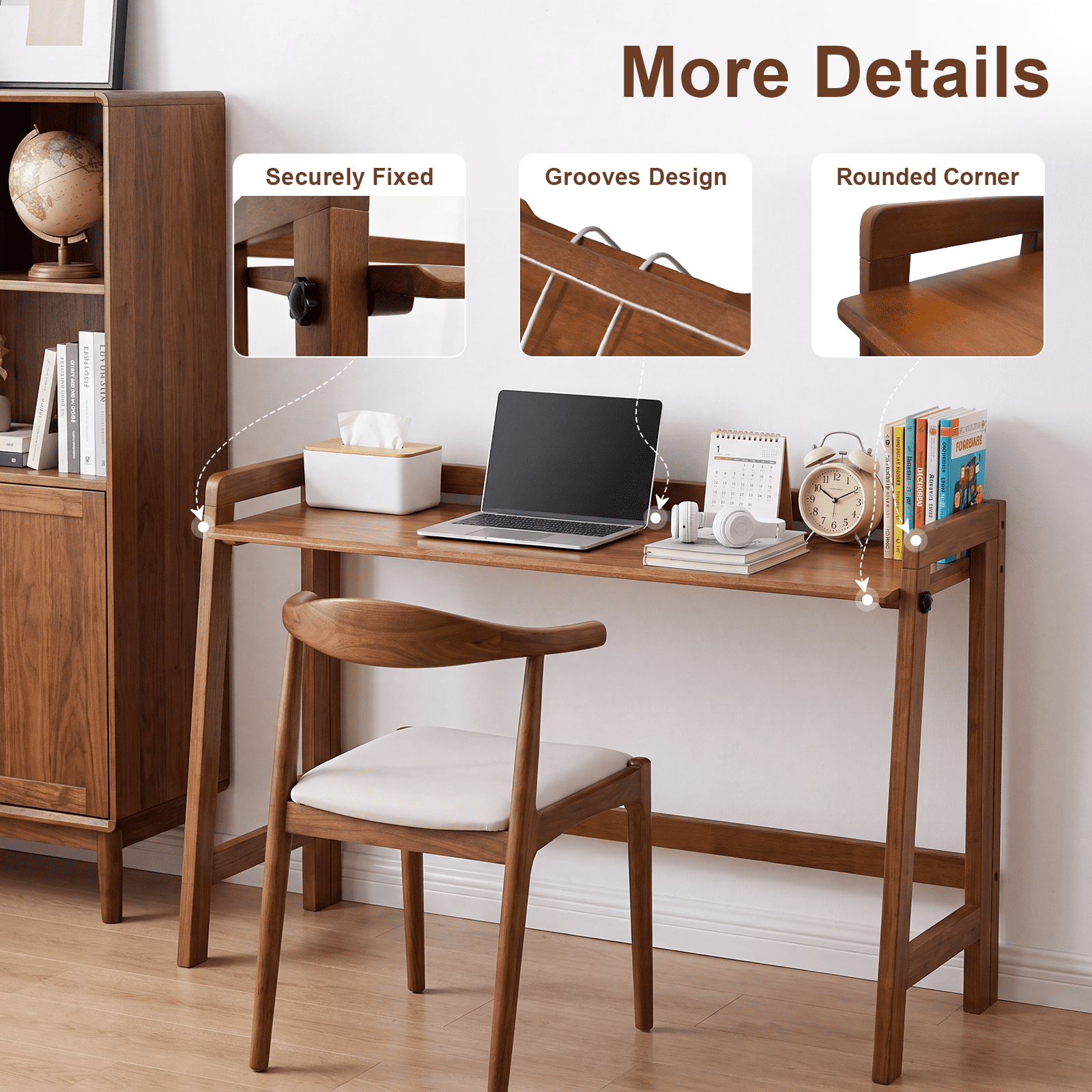 49-Inch Folding Solid Wood Desk with Cable Grooves, Mid-Century Modern Foldable Computer Desk and Writing Table for Home Office, Walnut