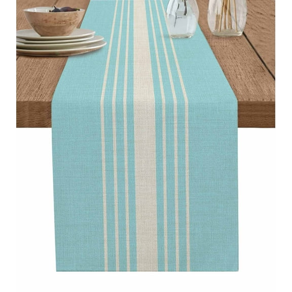 Aqua Beige Striped Table Runner 48 Inches, Modern Farmhouse Retro Lines Bed Runner Dresser Scarves Tabletop for Indoor Outdoor Parties/Ceremony/Banquet, 13" x 48"