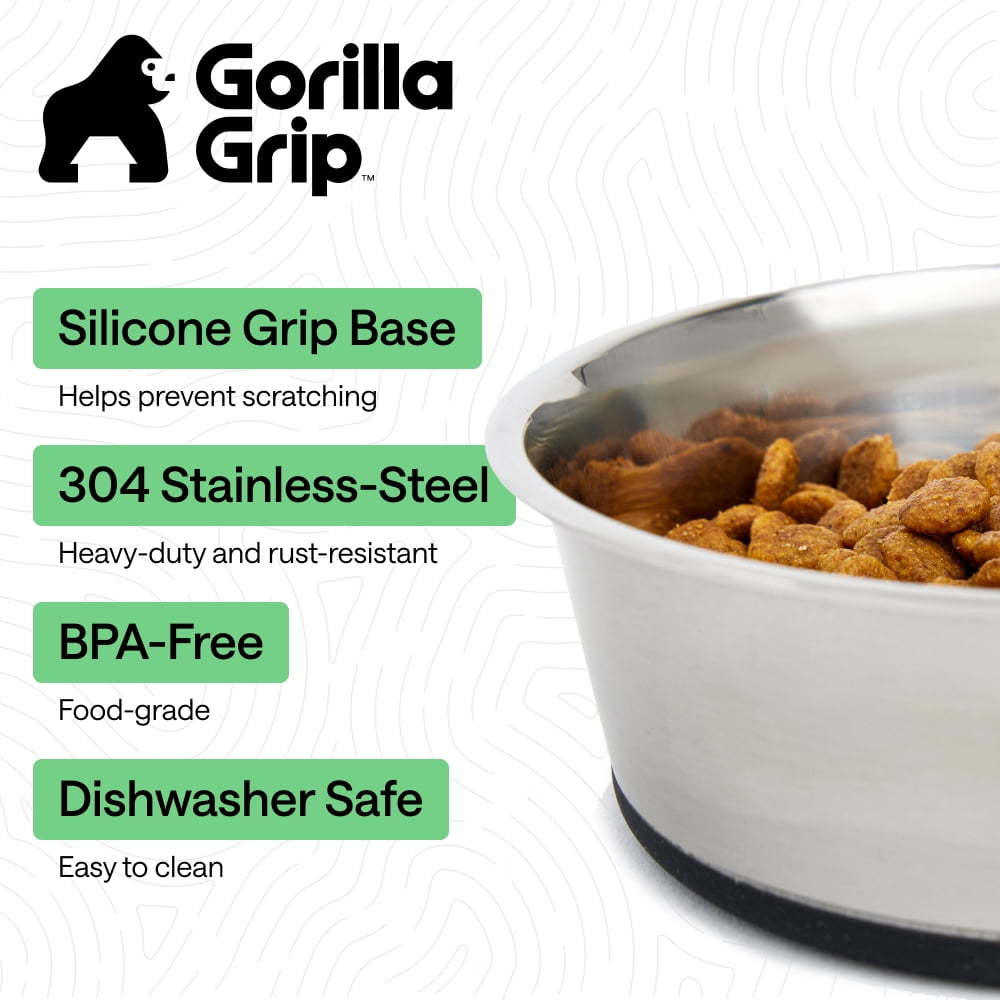 GORILLA GRIP Dog Bowl Set of 2, Food Grade 304 Stainless Steel, Silicone Base, Holds 2 Cups, Black