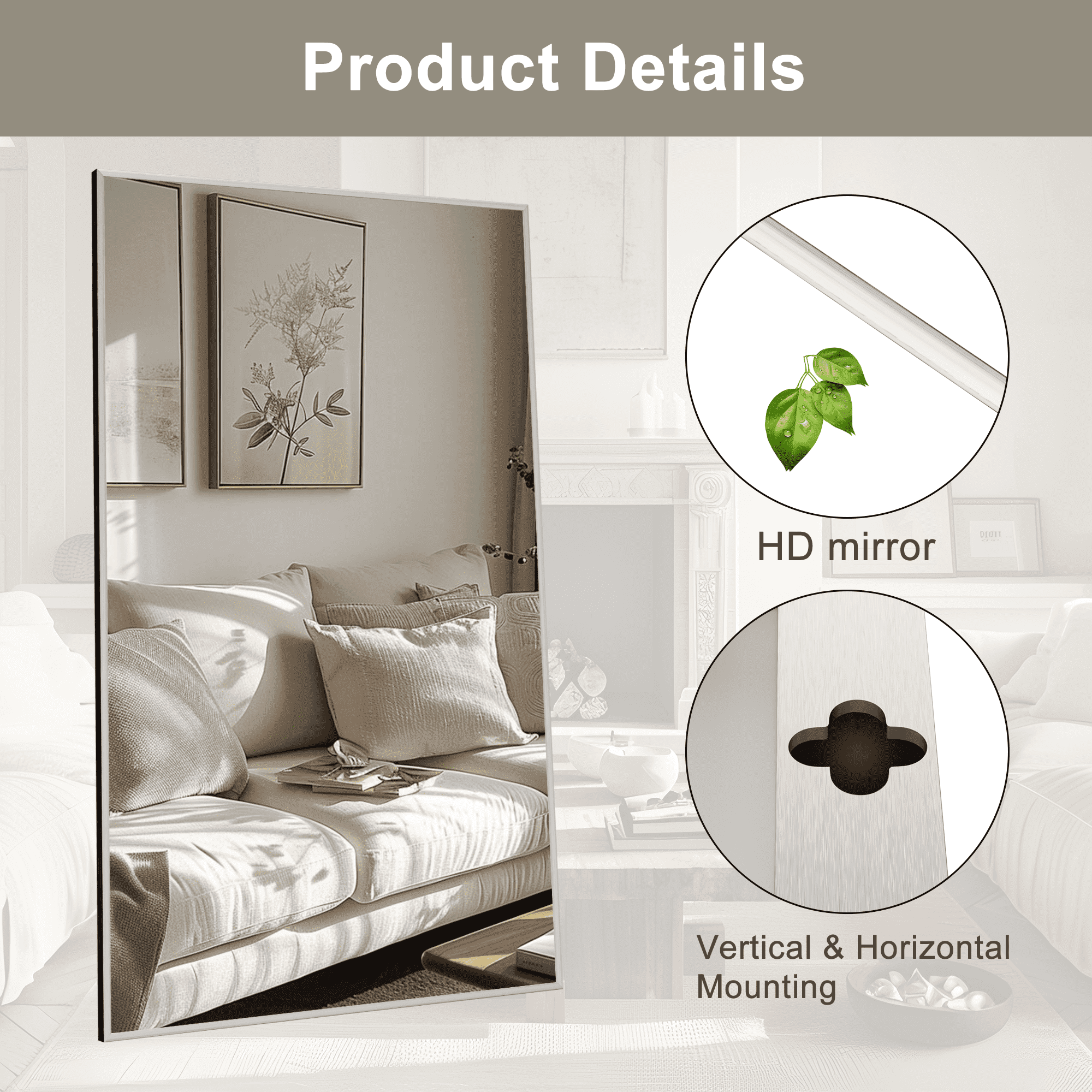MAYEERTY 52"×32" Silver Aluminum Slim-Frame Rectangular Full-Length Mirror No Stand, Space-Saving for Bedroom