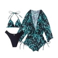 thumbnail image 6 of Women's Bikini Set Printed Two Piece with Beach Cover Up Dress 3 Piece Set with Removable Bra Pads No Underwire for Vacation,Dark Green,L, 6 of 6