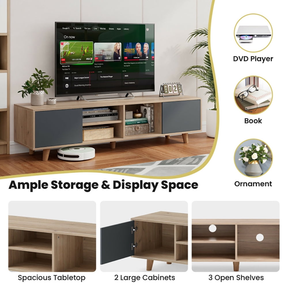 Finihen TV Stand, TV Cabinet, 63 Inch TV Stand with 2 Doors and Open Shelves, for Living Room, Bedroom, Sanremo Oak & Dark Grey