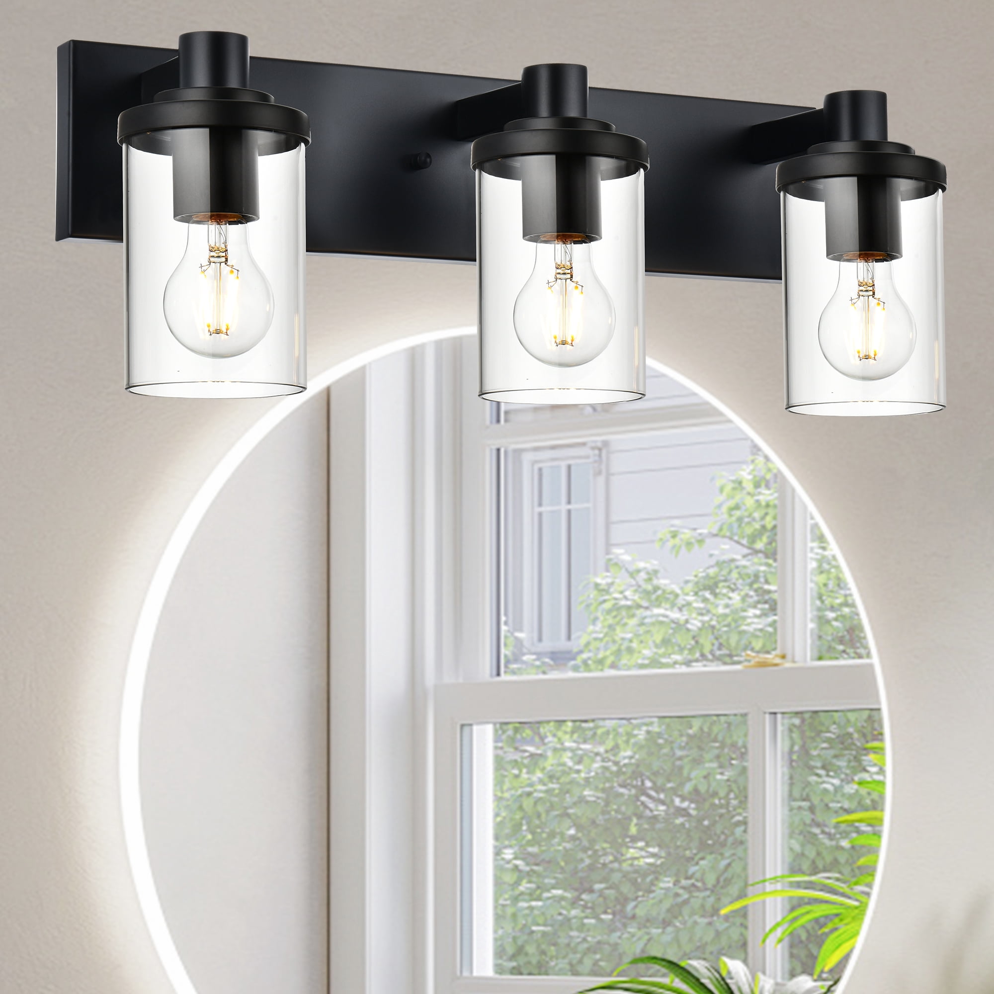 Melucee Vanity Wall Lighting, 3 Light Bathroom Vanity Light, Black Vanity Lights for Bathroom, Modern Bathroom Light with Clear Glass Shade, E26 Base, Bathroom Light Fixtures Over Mirror