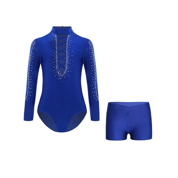 TSSOE Kids Boys Long Sleeve Latin Salsa Ballroom Dance Bodysuit Gymnastics Leotard with Athletic Tumbling Shorts Set Blue 6