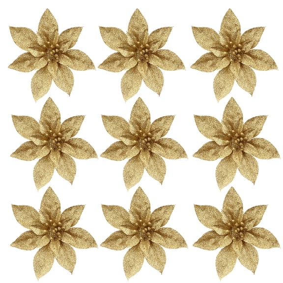 hengzirui 9Pcs Gold Glitter Christmas Poinsettia Flowers for Outdoor/Home Decor