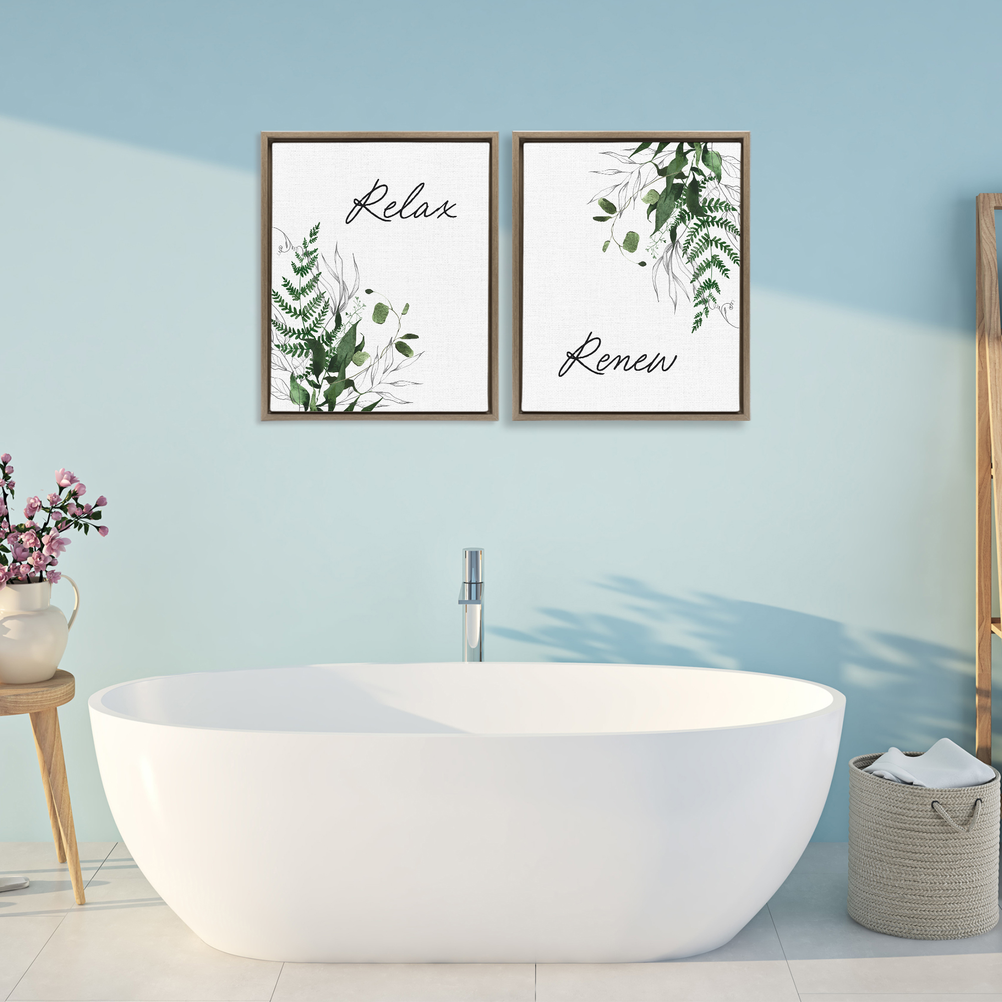 Relax Renew Botanical Leaves 2 Piece Brown Framed Floater Canvas Set, design by Lettered and Lined