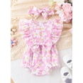 thumbnail image 2 of CIYCuIT Infant Baby Girls Summer Cute Romper Floral Print Sleeveless Ruffles Jumpsuit Newborn Crew Neck Sweet Fashion Bodysuit with Bow Headband 3M 6M 9M 12M 18M, 2 of 9