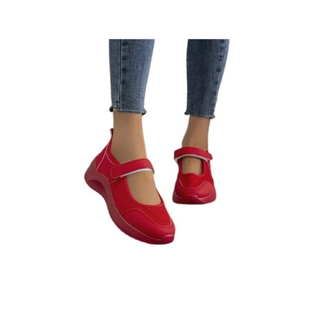 

SIMANLAN Womens Casual Shoes Wedge Sneakers Comfort Mary Jane Ladies Magic Tape Walking Shoe Women Ankle Strap Red 7
