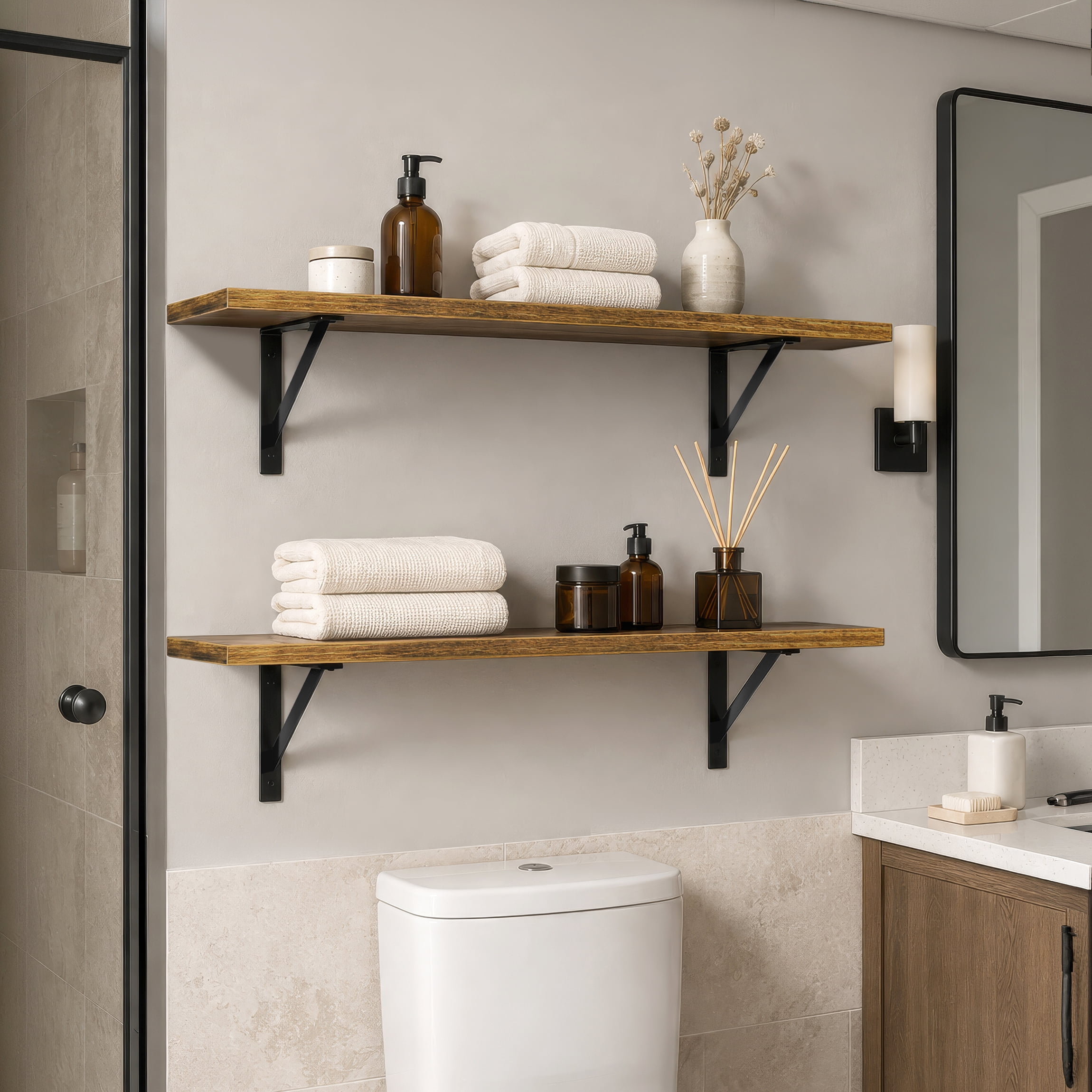 Sorbus 47.3 in Wood Wall Shelves with Black Metal Brackets, Brown, 2-Piece Set
