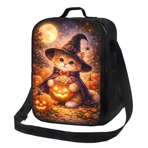 Halloween Cute Witch Cat Pumpkin Lunch Bag Insulated Thermal Lunch Box with Shoulder Strap & Handle for Women and Men