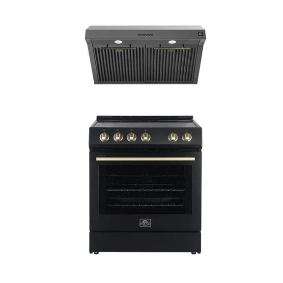 FORNO Premium 2-Piece Kitchen Bundle - Leonardo Espresso 30" Black Range, 30" Black Range Hood - FBDL-002-02US