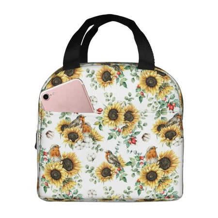 Insulated Lunch Bag for Women Men - Sunflowers Leaves And Birds Leakproof Cooler Lunch Box for Women Men  Lunch Tote Bags for Work School Picnic Travel
