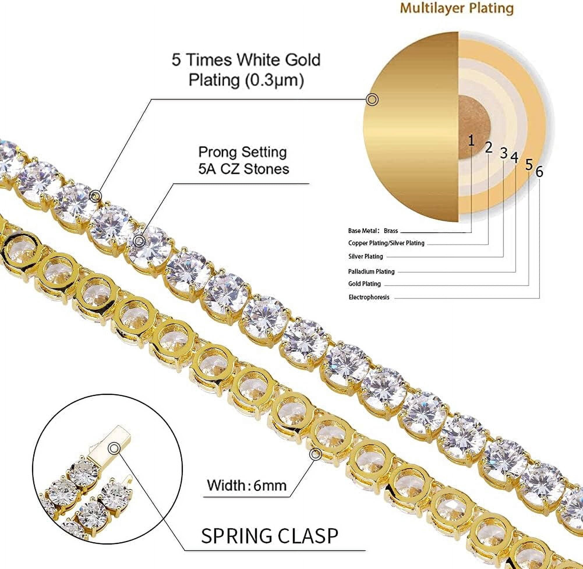 Leander 6MM Tennis Chain Necklace 18k Gold Plated 1 Row Lab Simulated Diamond Iced Out Cubic Zirconia Chain Men's Hip hop Tennis Choker Necklace Chain for Men Women
