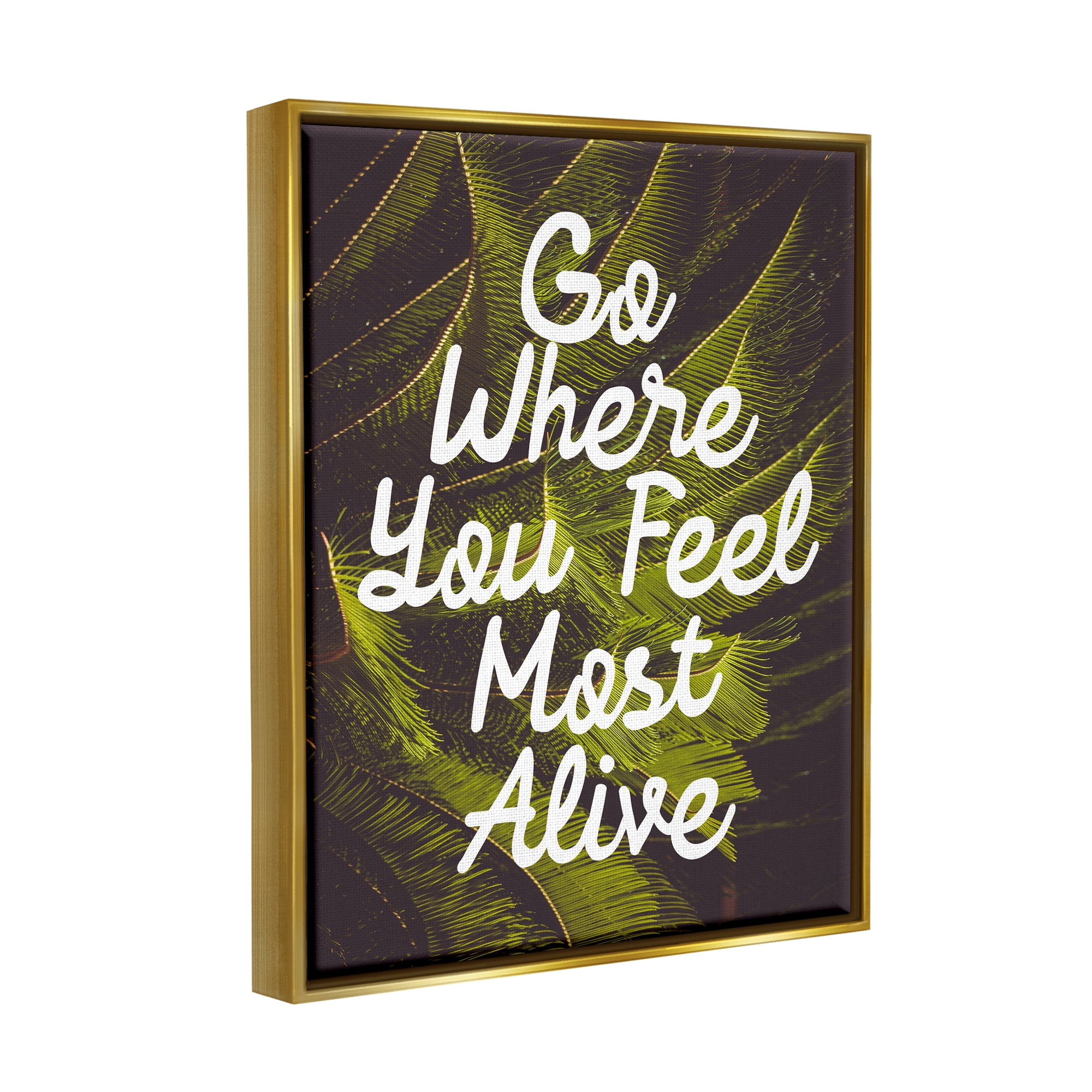 Stupell Industries Encouraging Life Calligraphy Quote Botanical Plant Leaf Graphic Art Metallic Gold Floating Framed Canvas Print Wall Art, Design by Daphne Polselli