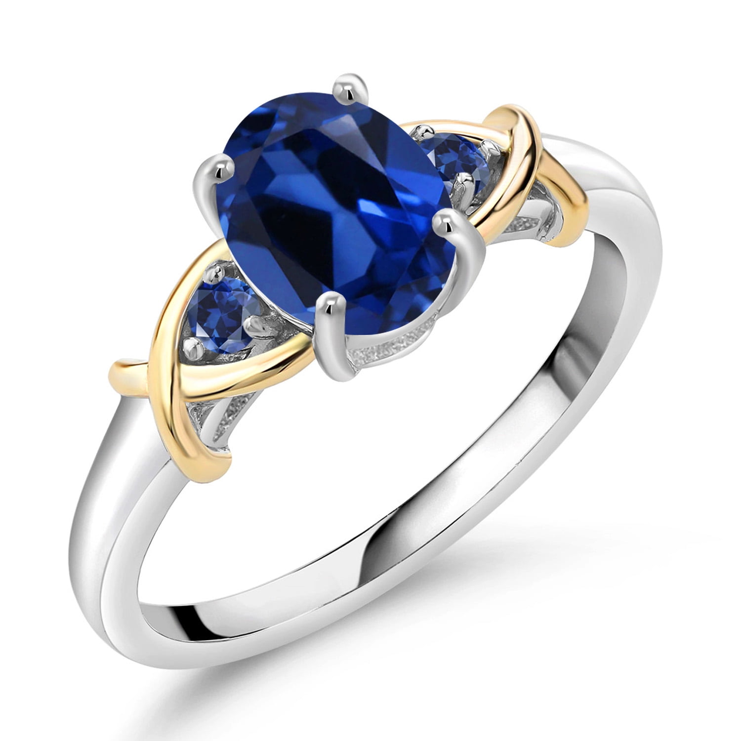 Gem Stone King 925 Sterling Silver and 10K Yellow Gold Blue Created Sapphire Ring for Women (1.69 Cttw, Oval 8X6MM, Size 5)