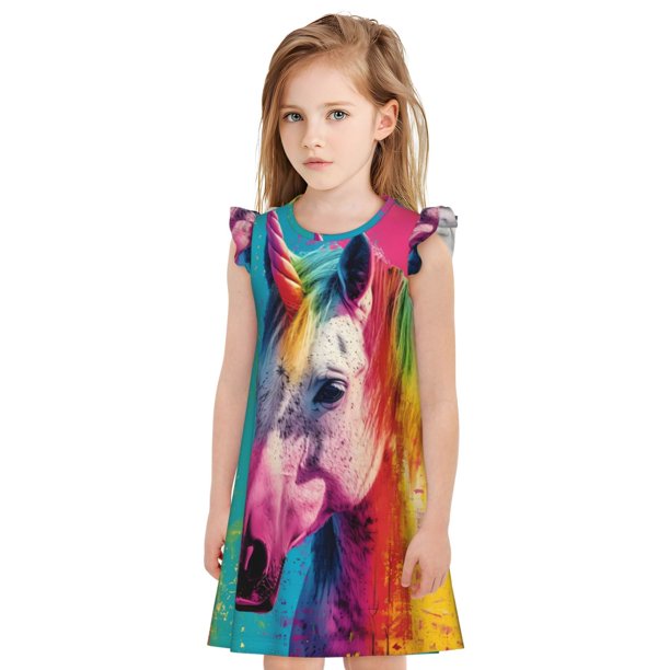 Balery Watercolor White Horse Camisón de princesa para niñas, pijama de algodón con mangas abullonadas, suave y bonito.-Medium
