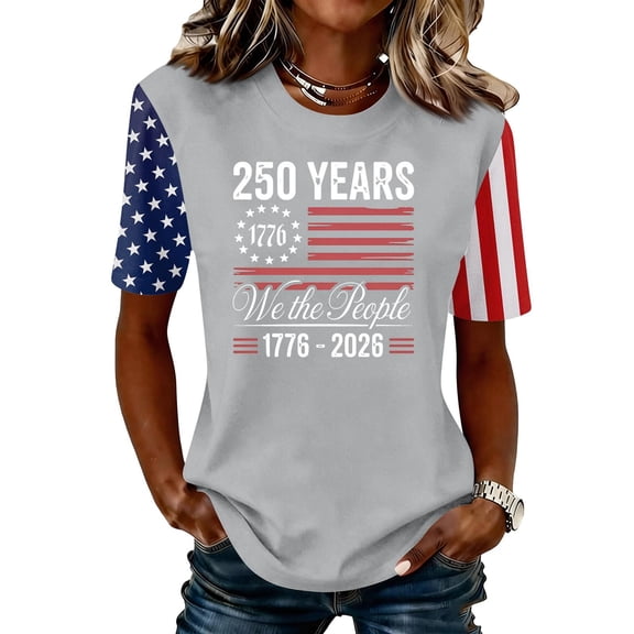 Iaqnaocc We The People American Flag Womens Tops 4th Of July Summer Round Neck Retro Shirts Patriotic 250 anniversary usa flag Short Sleeve T Shirts for Women Light Gray S