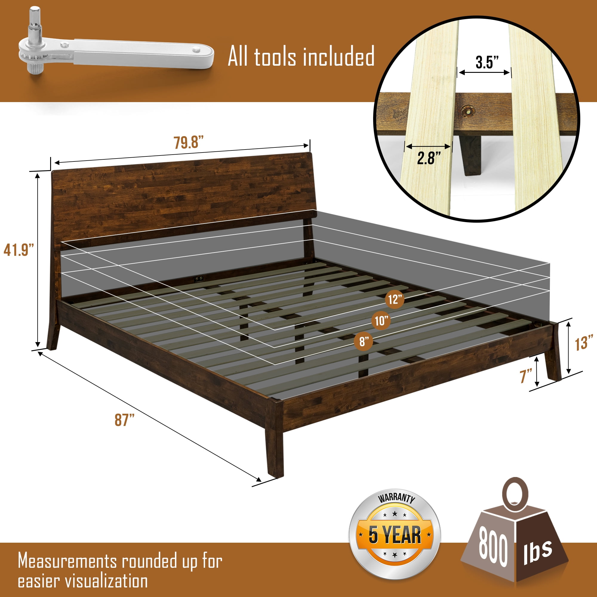 Acacia Serenity King Size Bed Frame, King Bed Frame with Headboard 800 lbs Capacity Natural Wood Bed All Mattress Support & No Box Spring Needed, Wood Slats Support Wood Bed Frame King, Walnut