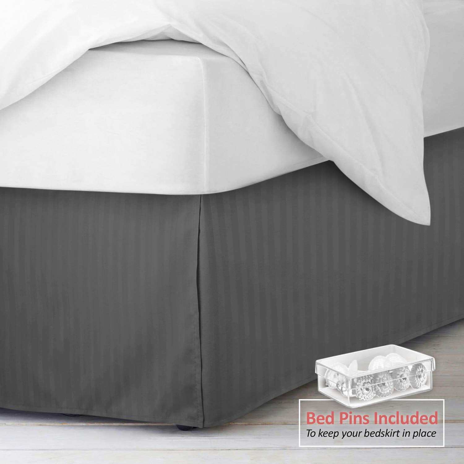 Nestl Pleated Bed Skirt - Damask Dobby Stripe Bed Skirt - Luxury Microfiber Dust Ruffle - 14” Tailored Drop - Bonus Bed Skirt Pins Set of 8 Included - Full, Gray