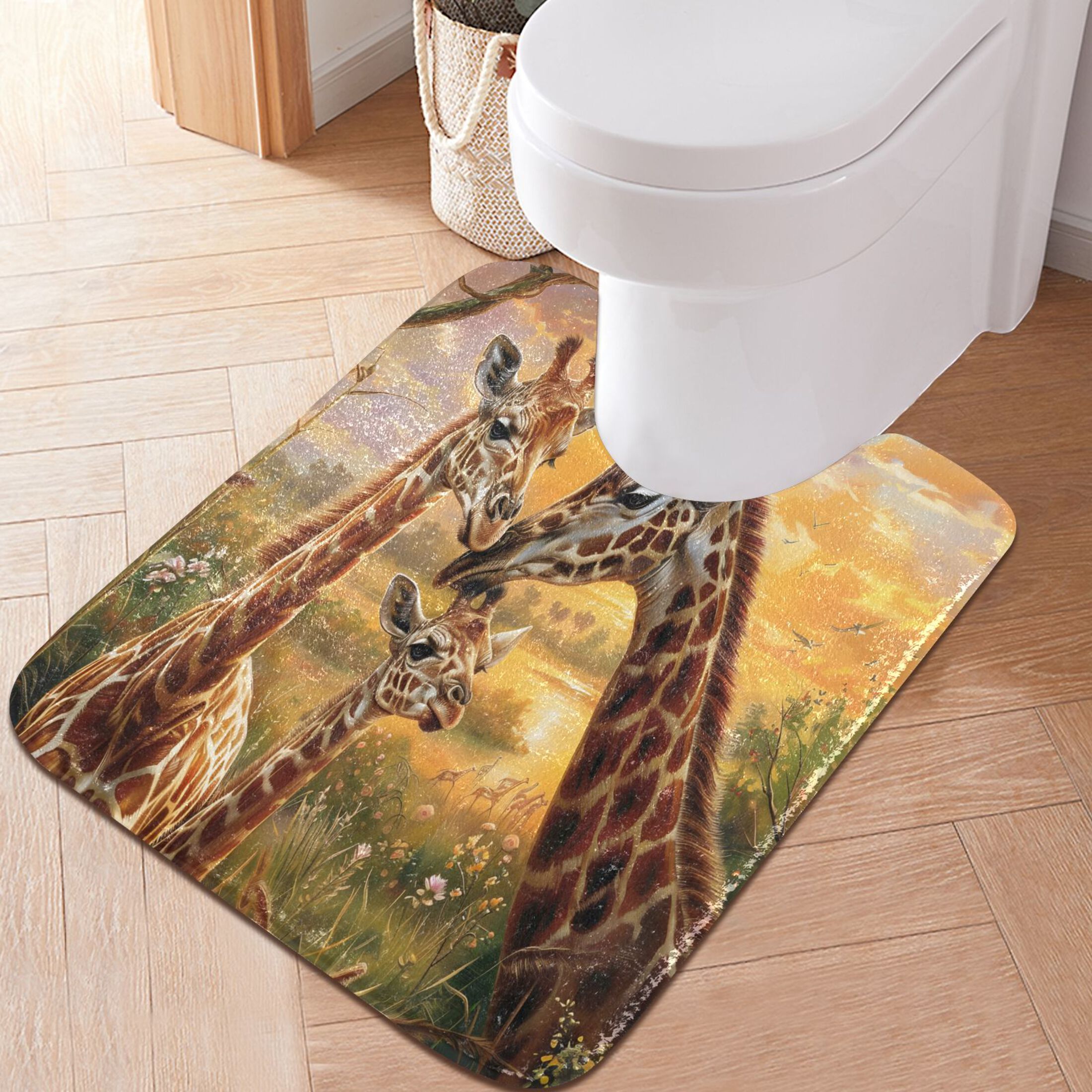 Toilet Rug Set Non-Slip Bathroom Rugs Soft Plush Machine Washable Contour Bath Mat Giraffes Family and Sunset 24x20/24x16