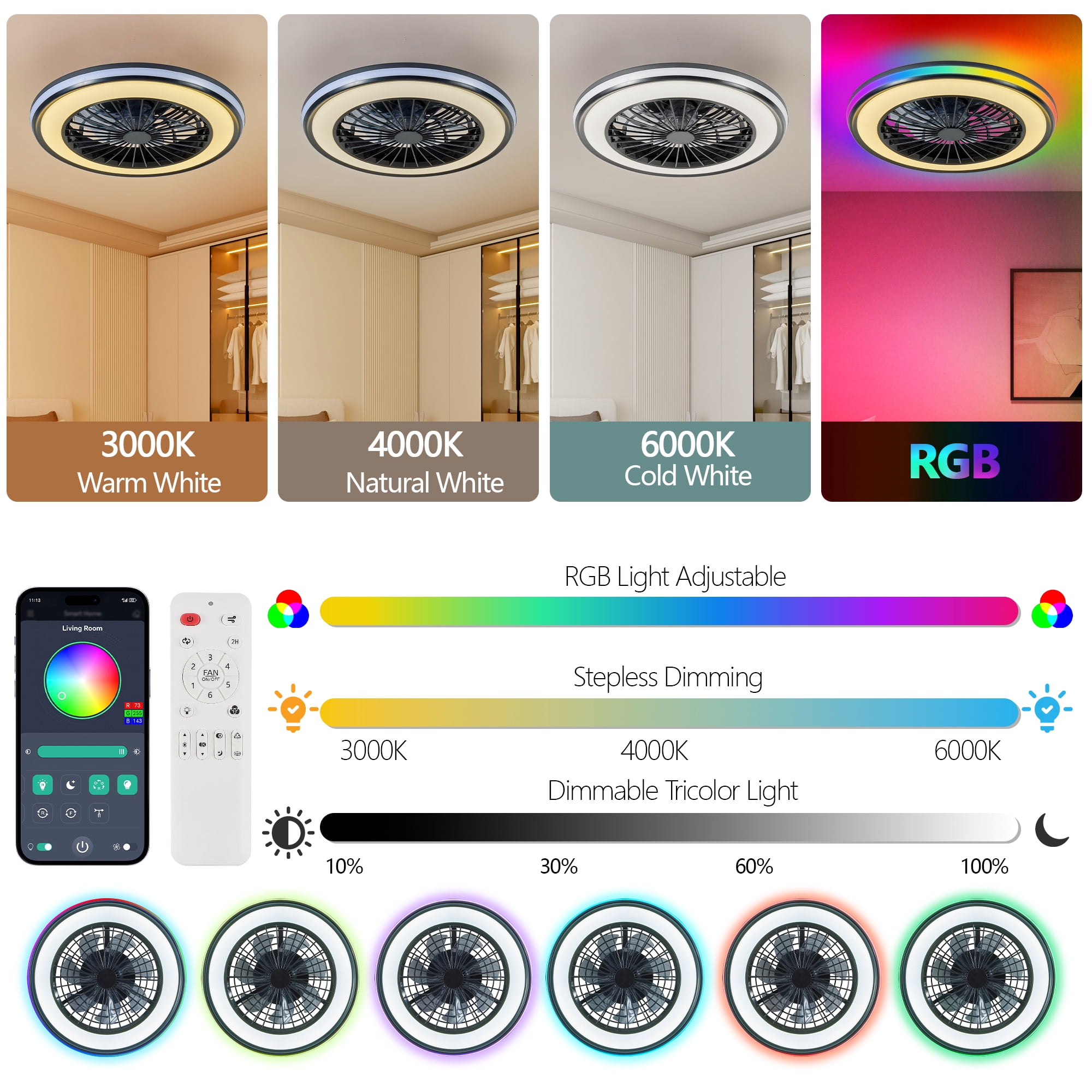 Miniyam 20" LED RGB Ceiling Fan Lights and Remote Control, 6 Speed, Dimmable Fandelier for Bedroom, 3000/4500/6000K, Black