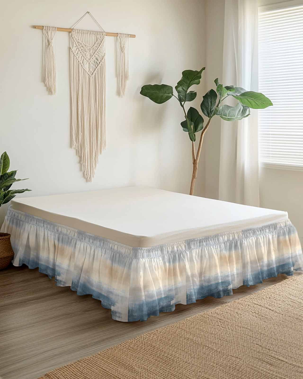 Ombre Blue Navy Beige Bed Skirt King Size 16" Drop Modern Abstract Art Ruffled Wrap Around Bed Skirts Adjustable Elastic Bedskirt Dust Ruffle for King Size Bed