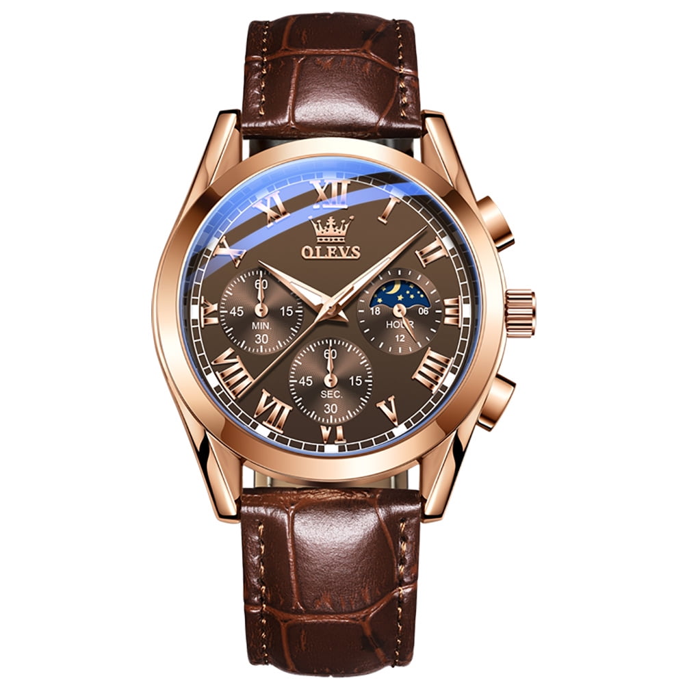 OLEVS Chronograph Watches for Men Luxury Classic Business Sports Mens Watches Moon Phase Waterproof Luminous Analog Quartz Leather Strap Reloj, Gifts for Men