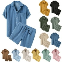 VBTAPA Men's 2 Piece Summer Outfits Corduroy Short Sleeve Shirts and Shorts Set Casual Beach Suit Soft Comfy Lounge Sets Beige XXXL