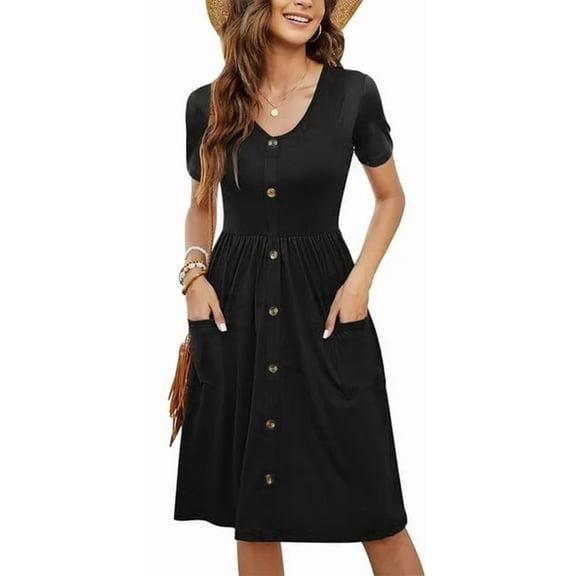 SOMER Summer Dresses for Women Short Sleeve Casual Dresses Mini Loose Button Elastic Waist Dress with Pockets Black