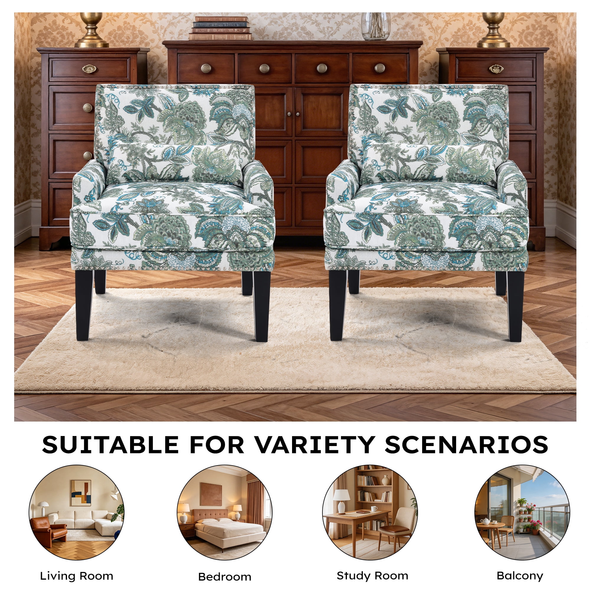 Bonzy Home Modern Floral Print Accent Chair with Arms and Wooden Legs, 2-Pack Mid‑Century High‑Back Wing Chair with Padded Armrests & Cushioned Seat for Living Room, Blue Green Floral