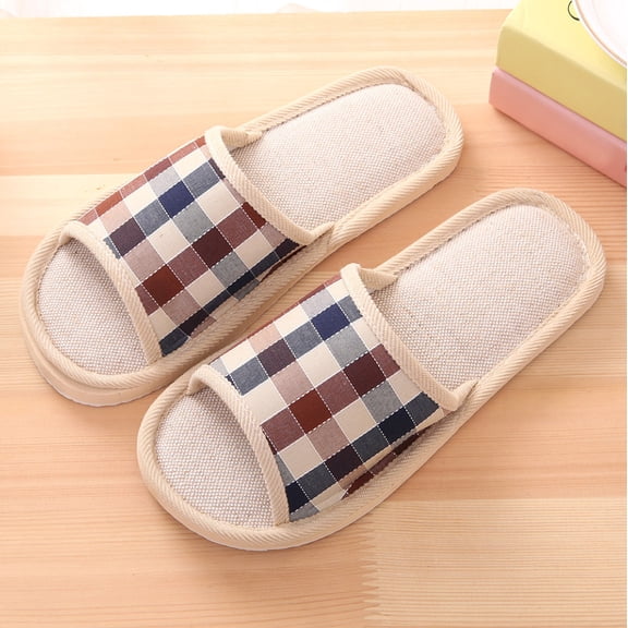 Ceisia Men's Plaid Linen House Slippers Couples Casual Indoor Home Summer Breathable Lightweight Non-Slip Soft Sole Comfort Daily Relaxation Mens Gifts for Father