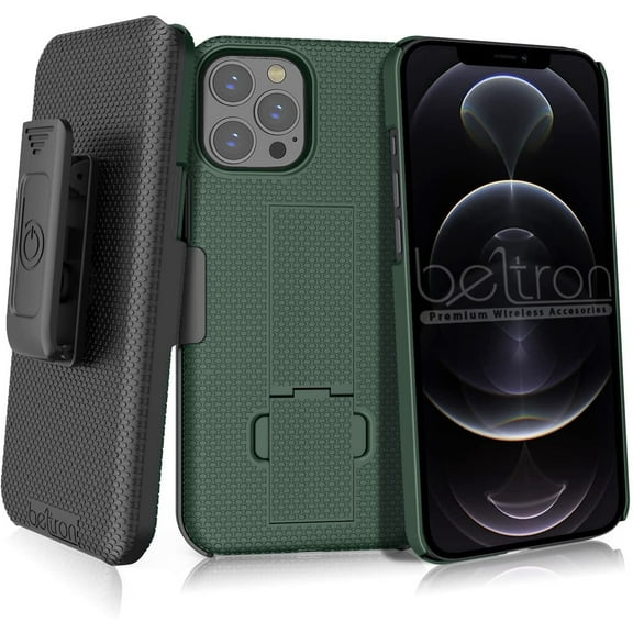 BELTRON Case with Belt Clip for iPhone 12 Pro Max, Slim Fit Protective Shell & Swivel Belt Clip Holster Combo with Built-in Kickstand for iPhone 12 Pro Max 6.7 - Cyprus Green