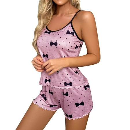

Women Ice Silk Summer Suspender Home Clothes Set Soft Purple Bow Printed Pajama Set Sleepwear Chemise Lingeries Loungewear Ladies Nightwear