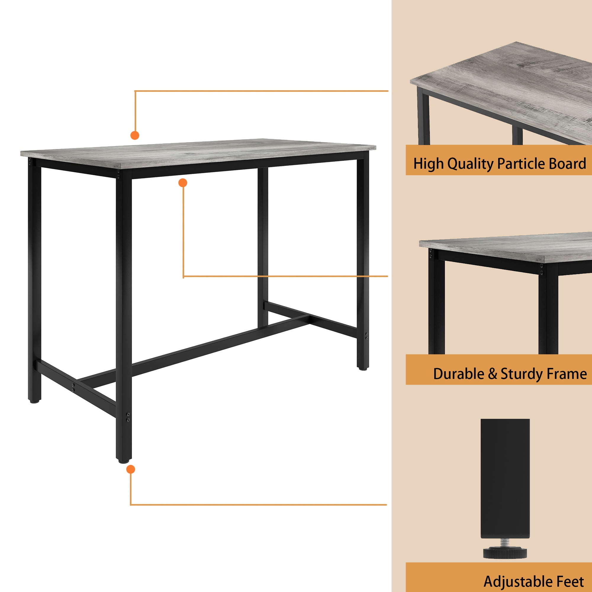 5 Pieces Bar Table Set, Industrial Style Dining Table Set with 4 PU Upholstered Stools, Counter Height Dining Table and Chairs Set, Metal Frame and Wood Top Table Kitchen Furniture Set for Dining Room