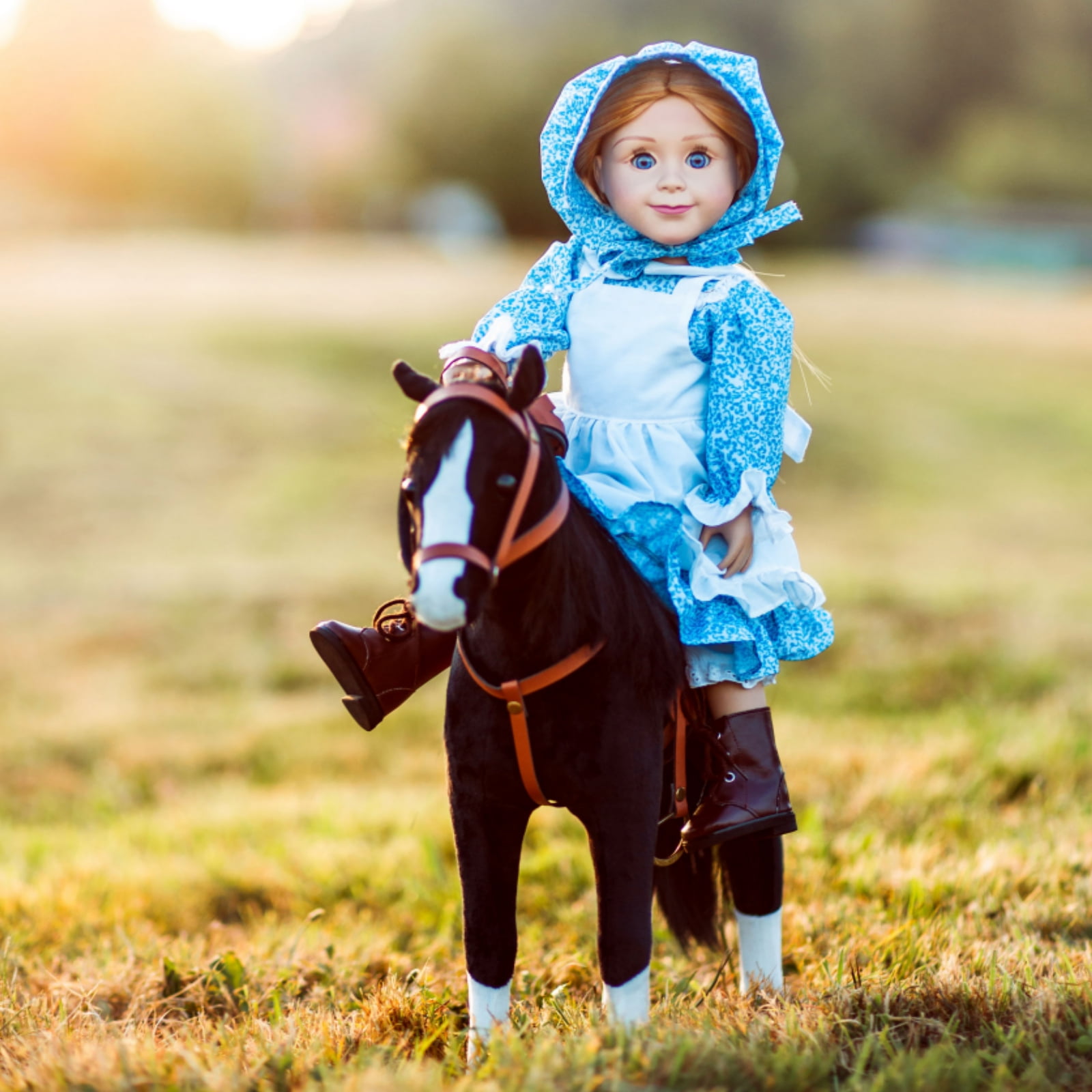The Queen's Treasures 18 Inch Doll Clothes, Little House on The Prairie Blue Calico Dress with Bonnet, Apron, and Pantaloons, Compatible For Use with American Girl Dolls