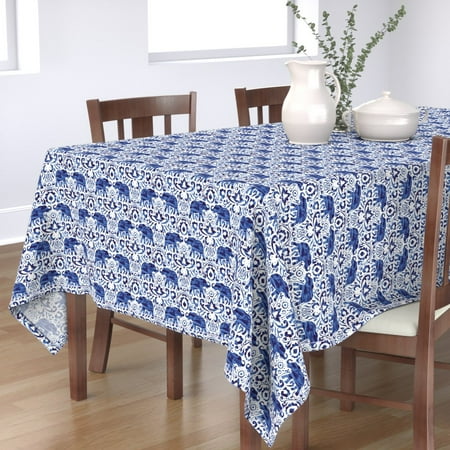 

Cotton Sateen Tablecloth 70 Square - Damask Watercolor Dark Blue Elephant Boho Paisley Animals Indigo Print Custom Table Linens by Spoonflower