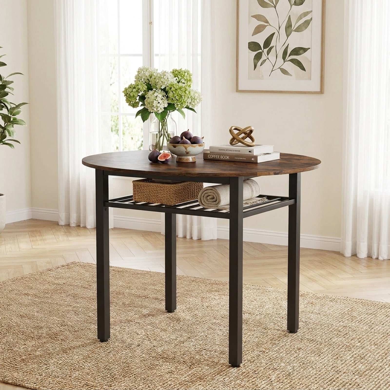 Furnibear 40 Inch Round Kitchen Dining Table with Storage Shelf and Metal Frame
