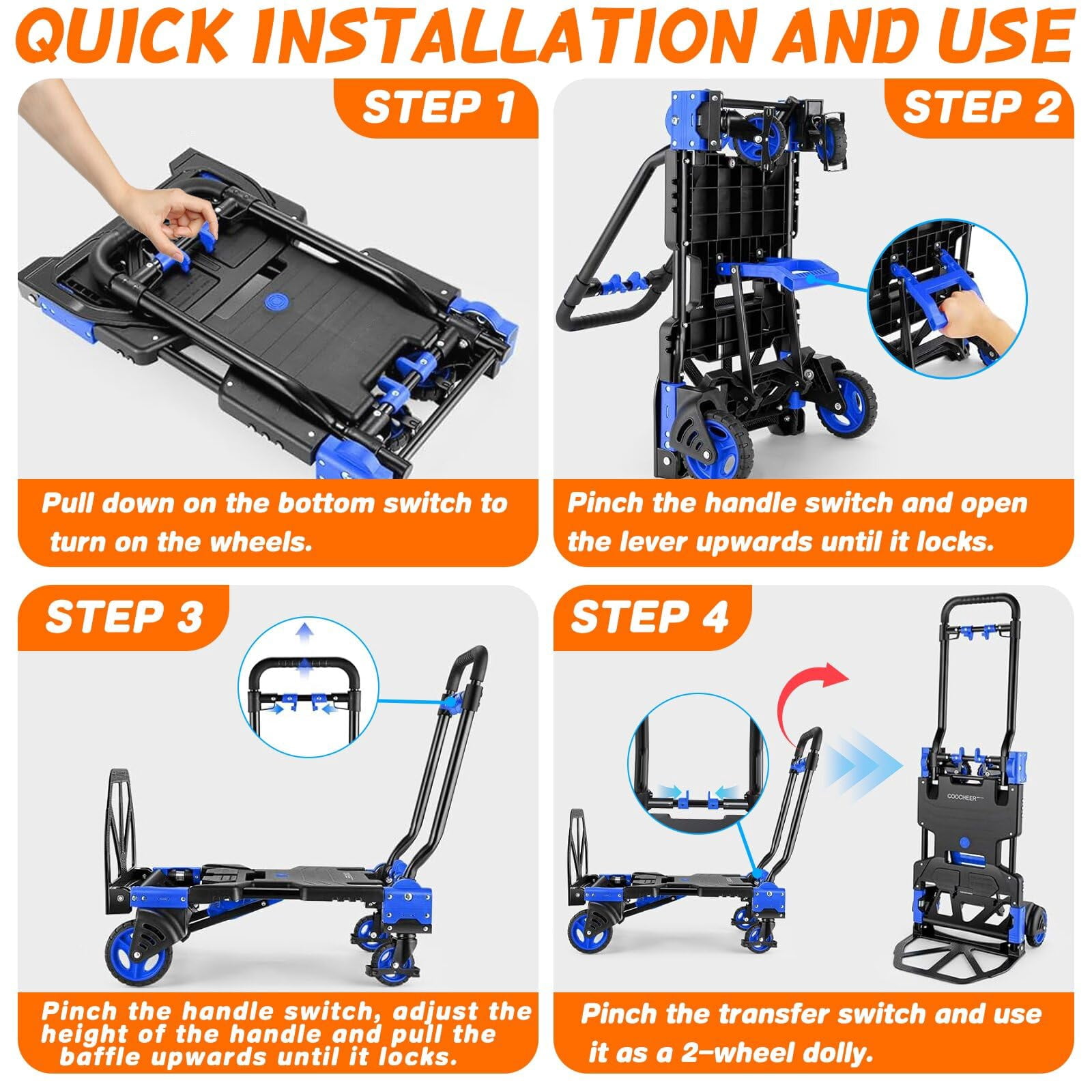 2-in-1Hand Truck Dolly with Folding Basket, Dolly Cart with 4 Wheels, Wagons Carts Foldable with Retractable Handle, Foldable wagon for Moving, 330LBS Capacity, Blue