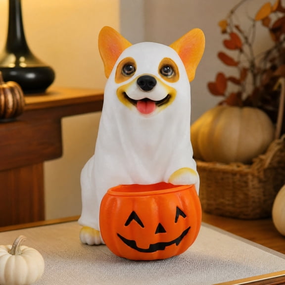 Halloween Light Up Ghost Dog Statue,Halloween Ghost Corgi,With Pumpkin Candy Bucket,Decorative Halloween Treat For Tabletop Home Kitchen Counter