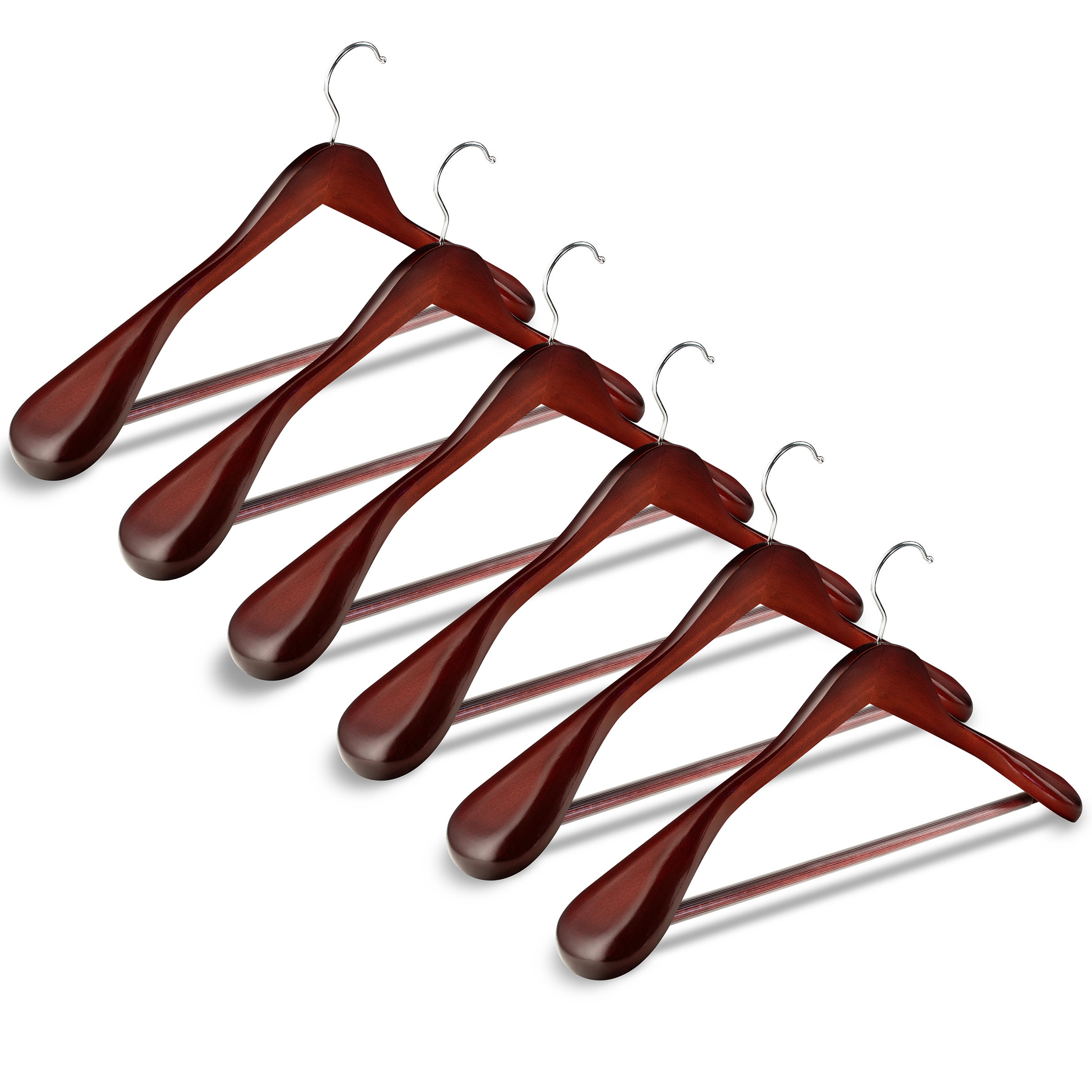 HighGrade Wide Shoulder Wooden Hangers 6 Pack with Non Slip Pants Bar