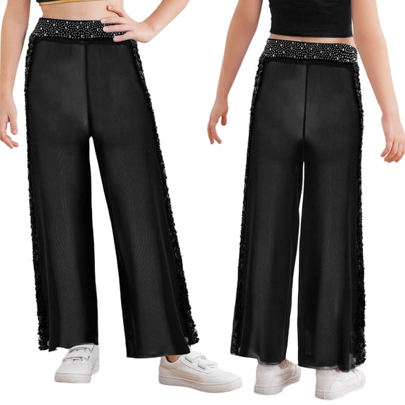 Aislor Girls Glitter Rhinestone Sequin Sheer Mesh Wide Leg Pants Modern Figure Skating Jazz Dance Pants Black 10