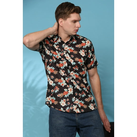 Men's Regular Fit Tropical Print Shirt Short Sleeve Button-Down Casual Wear (MS1_Black Brown_S)