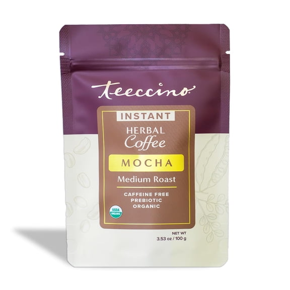 Teeccino Instant Organic Mocha Herbal Coffee– 33 servings – Instant Chicory Coffee Alternative with Lush Chocolate Slightly Sweetened by Dates, 3.53 ounces