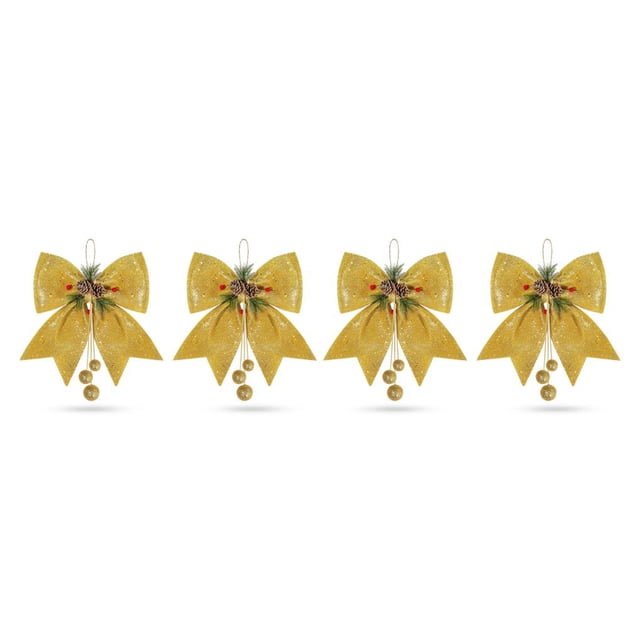 Injueey 2 piezas Feliz Navidad gran lazo adornos de lentejuelas brillantes hojas corbata fiesta fiesta decoración de puerta al aire libre Dorado 2 piezas 2Conjunto