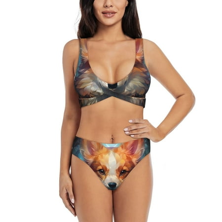 Zeuib Cartoon Pattern Corgi High Waisted Tummy Control Bikini Set - Knot Front Push Up Top & Cheeky Thong Bottom  Two-Piece Swimsuit for Women-Large