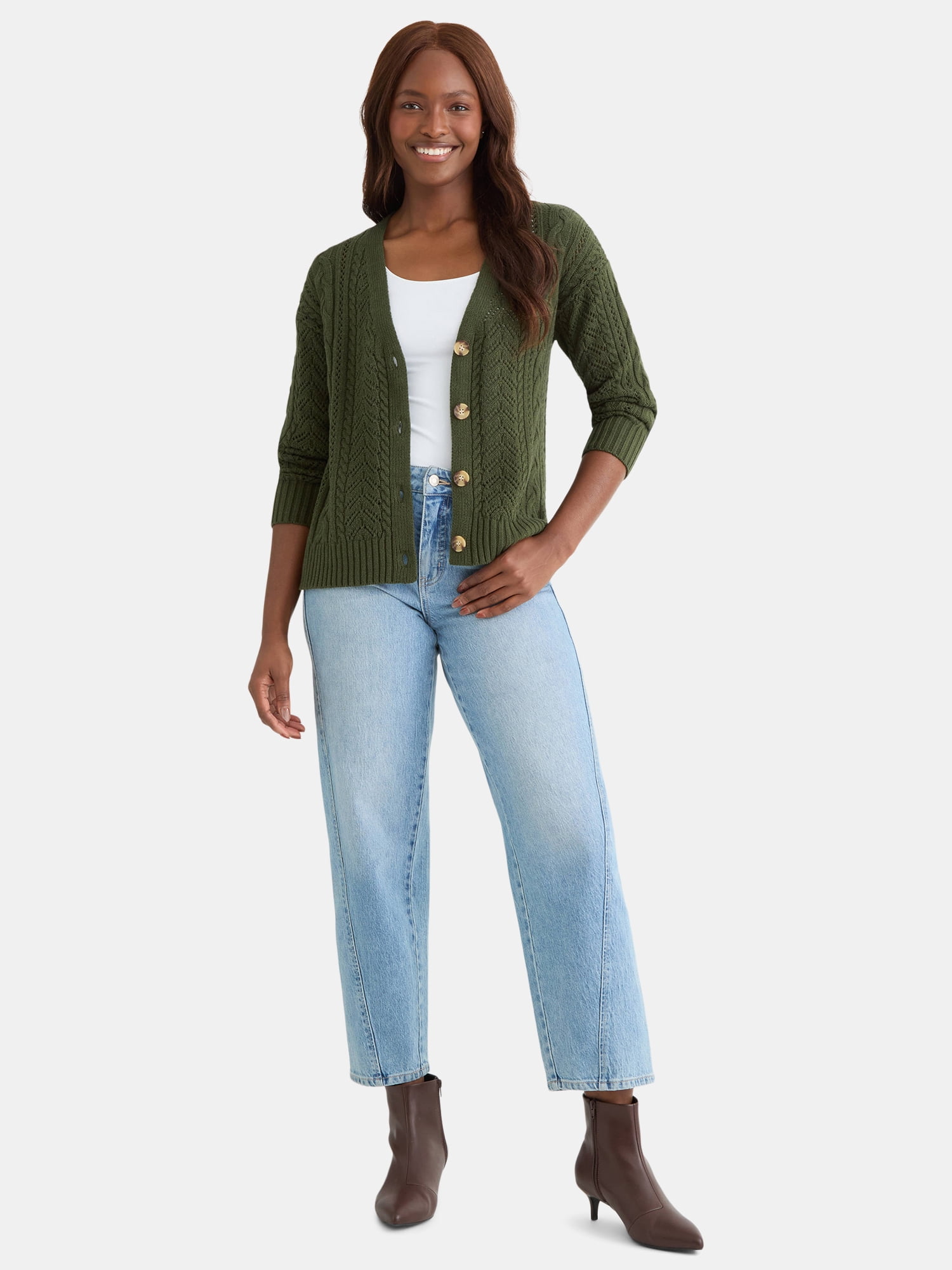 Time and Tru Women's and Women's Plus Cable Knit Cardigan Sweater, Lightweight, Sizes XS-4X