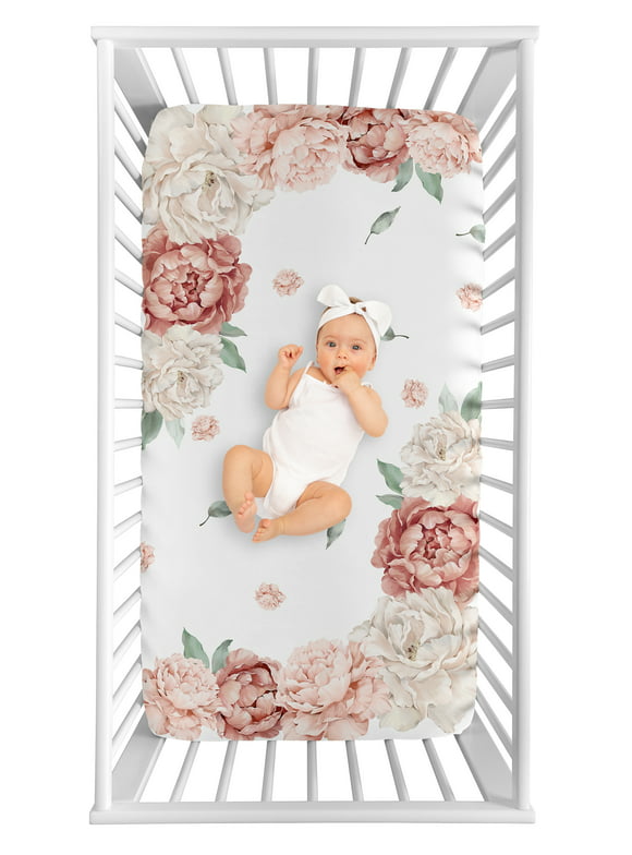 Peony Floral Garden Pink and Ivory Photo Op Fitted Crib Sheet Girl by Sweet Jojo Designs